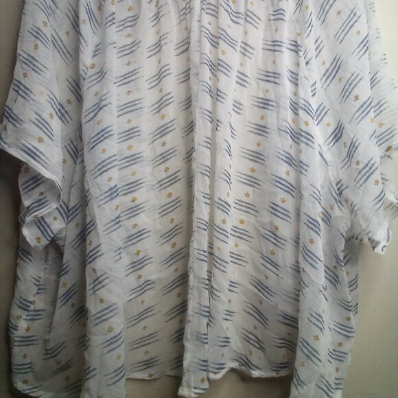 So Open Front Blouse XL Short Sleeve Sheer Patterned White Blue Yellow - Picture 2 of 16